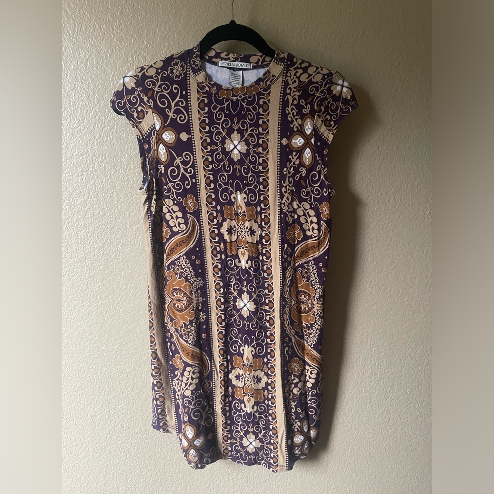 Novella Royale Goldie purple and gold/tan high-neck mini dress, size S/M